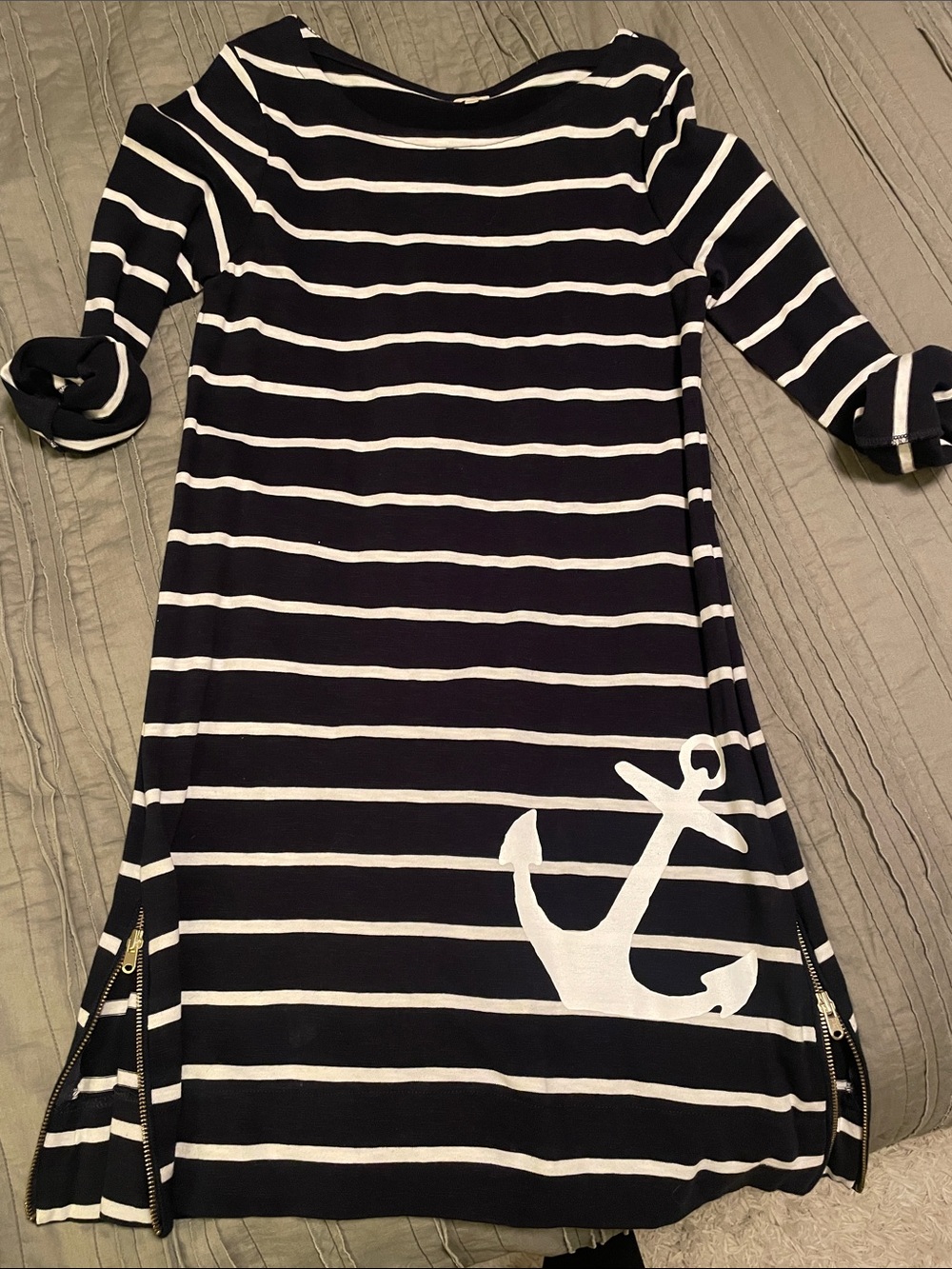 J. Crew Navy and White Striped Long Sleeve Dress with Anchor
